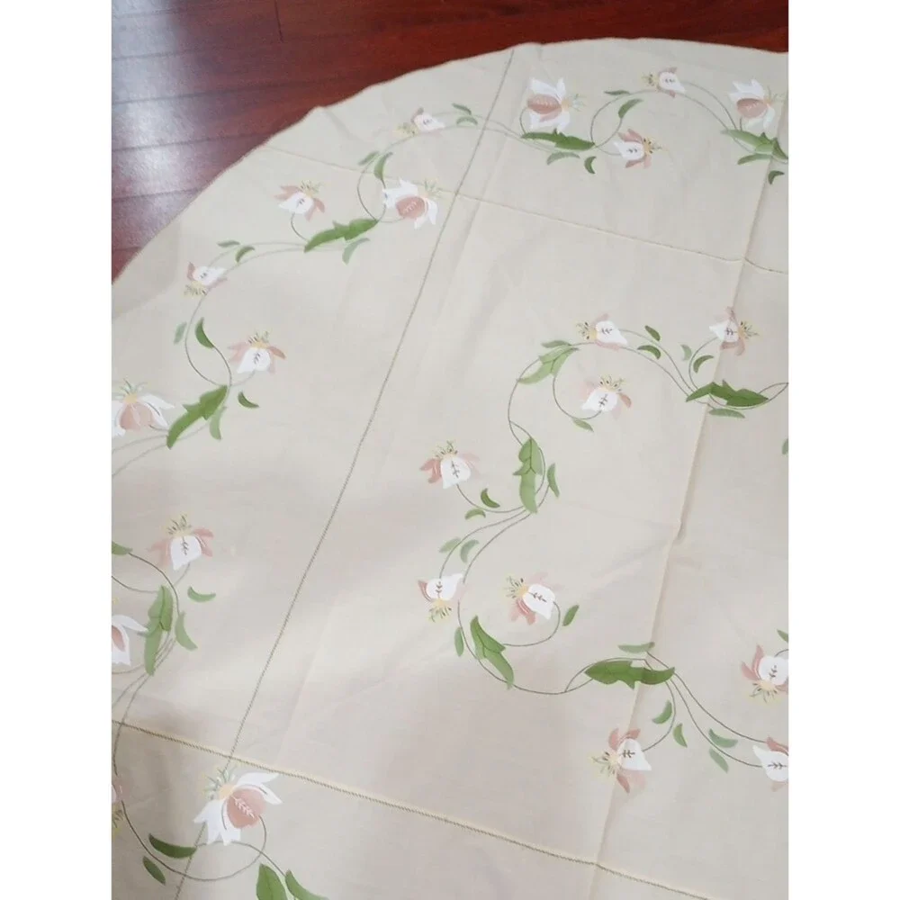 Floral Applique and Embroidered Beige Round Tablecloth, 68